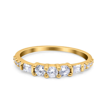 Simple Band Wedding Ring Baguette Round Yelllow Tone, Simulated Cubic Zirconia 925 Sterling Silver (6mm)